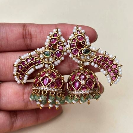 Handmade Brass Metal Jewellery Kemp Peacock Jhumka Earrings